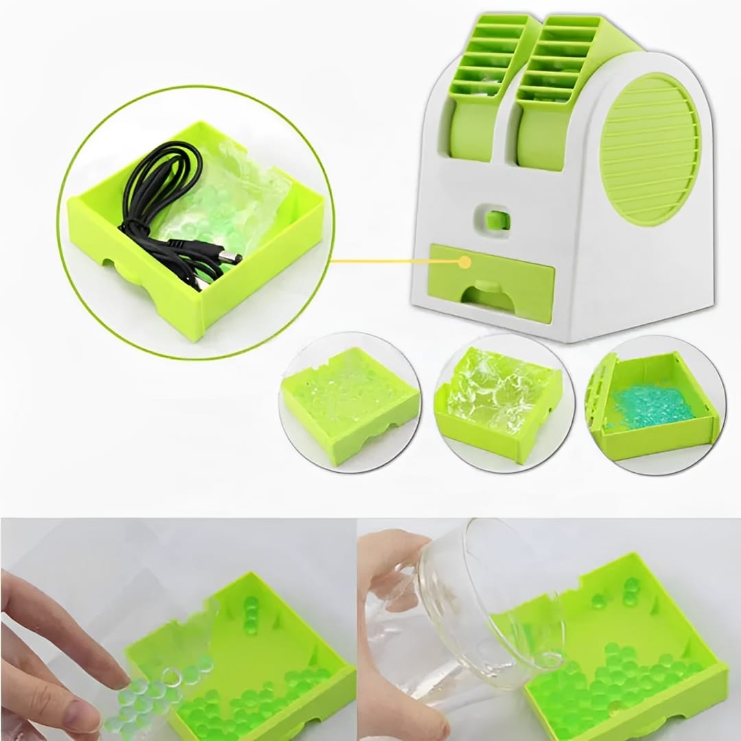 Portable Mini AC Air Cooler – USB & Battery Operated | Dual Blower with Ice Tray | Blade-less Cooling Fan for Home, Shop, Kitchen, Table & Outdoor Use