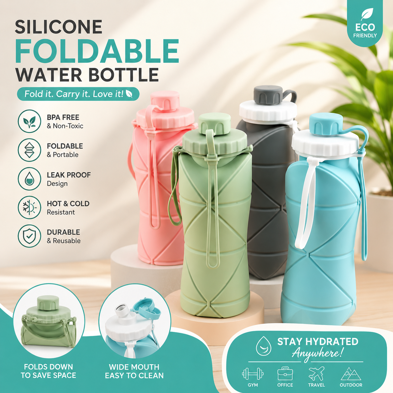 Silicone Folding Bottle | 600ML Silicon Foldable Bottle | Smart Travel Bottle Collapsible Design (Random Color)