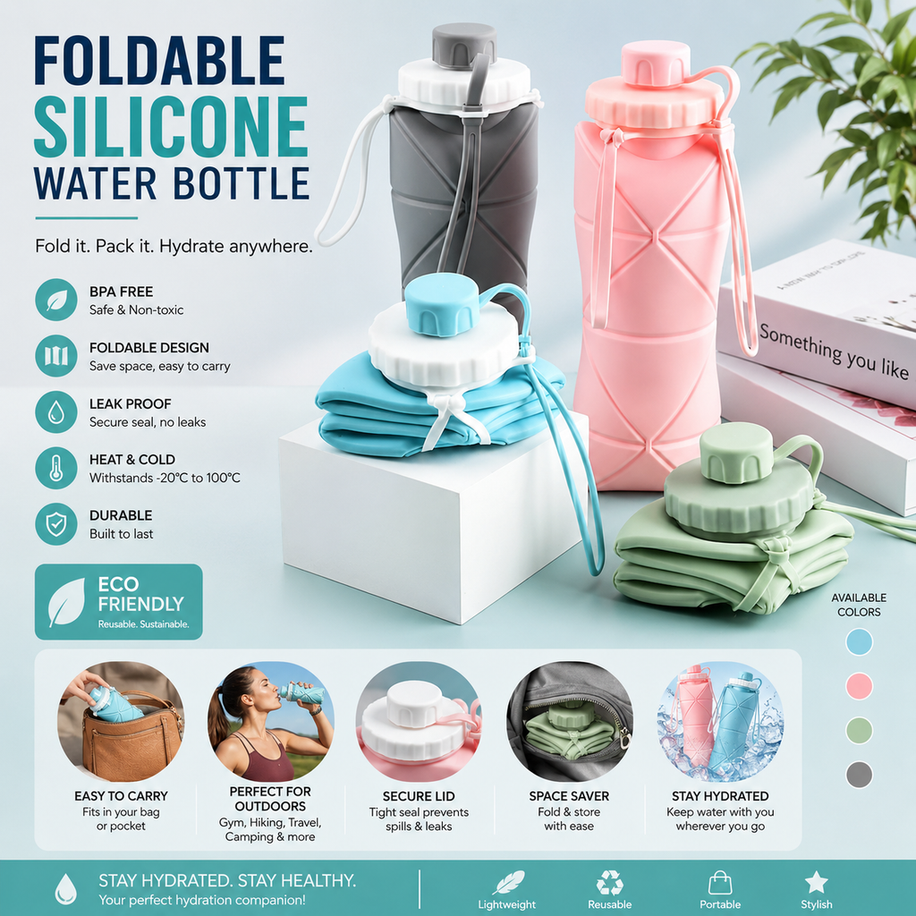 Silicone Folding Bottle | 600ML Silicon Foldable Bottle | Smart Travel Bottle Collapsible Design (Random Color)