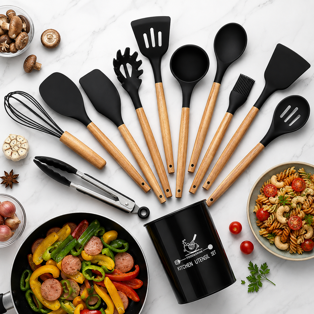 12 Pcs Silicone Cooking Utensils Kitchen Utensil Set | Heat Resistant Kitchen Non toxic Spatula Set with Turner Tongs,Spoon,Brush,Whisk-Wooden Handle - Random Color