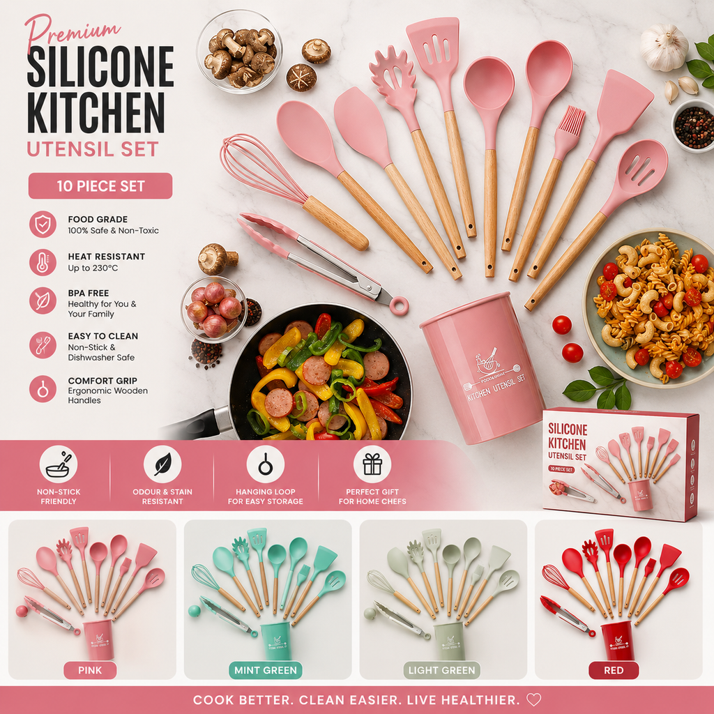12 Pcs Silicone Cooking Utensils Kitchen Utensil Set | Heat Resistant Kitchen Non toxic Spatula Set with Turner Tongs,Spoon,Brush,Whisk-Wooden Handle - Random Color