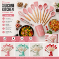 12 Pcs Silicone Cooking Utensils Kitchen Utensil Set | Heat Resistant Kitchen Non toxic Spatula Set with Turner Tongs,Spoon,Brush,Whisk-Wooden Handle - Random Color