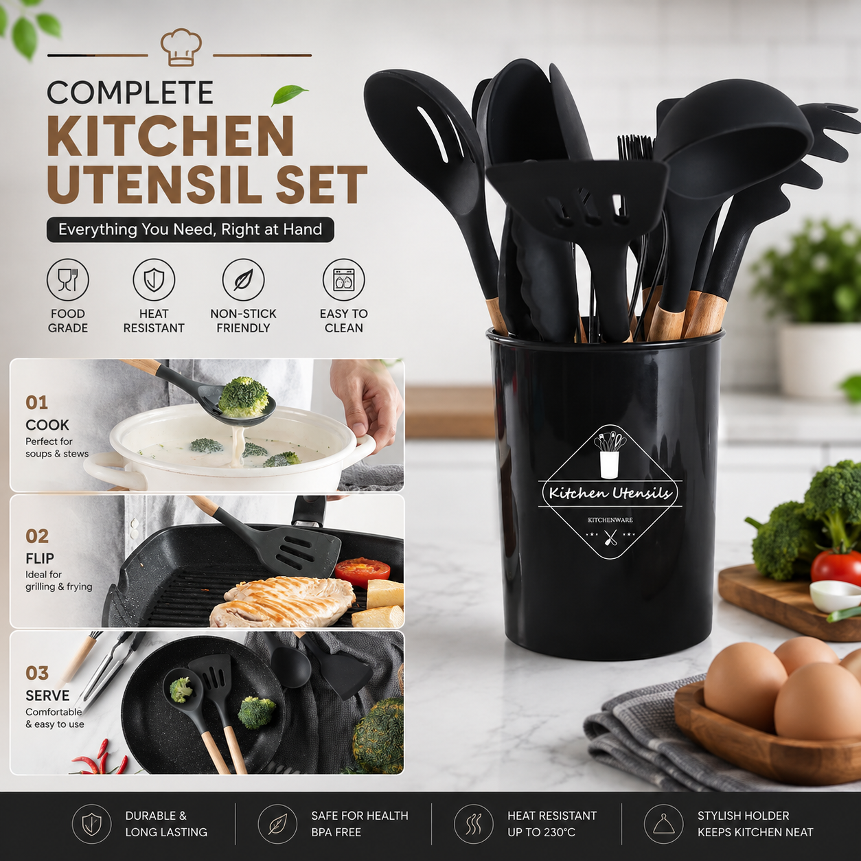 12 Pcs Silicone Cooking Utensils Kitchen Utensil Set | Heat Resistant Kitchen Non toxic Spatula Set with Turner Tongs,Spoon,Brush,Whisk-Wooden Handle - Random Color