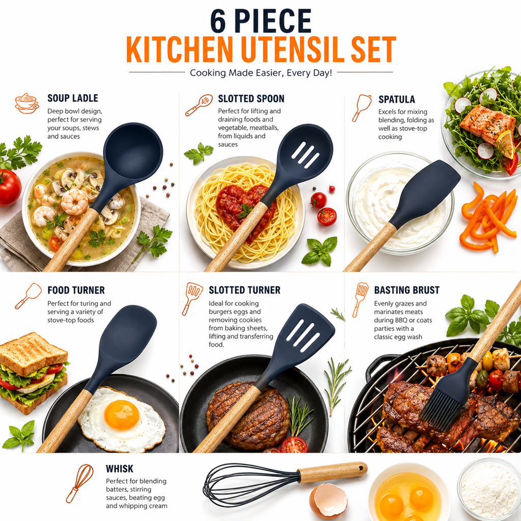12 Pcs Silicone Cooking Utensils Kitchen Utensil Set | Heat Resistant Kitchen Non toxic Spatula Set with Turner Tongs,Spoon,Brush,Whisk-Wooden Handle - Random Color