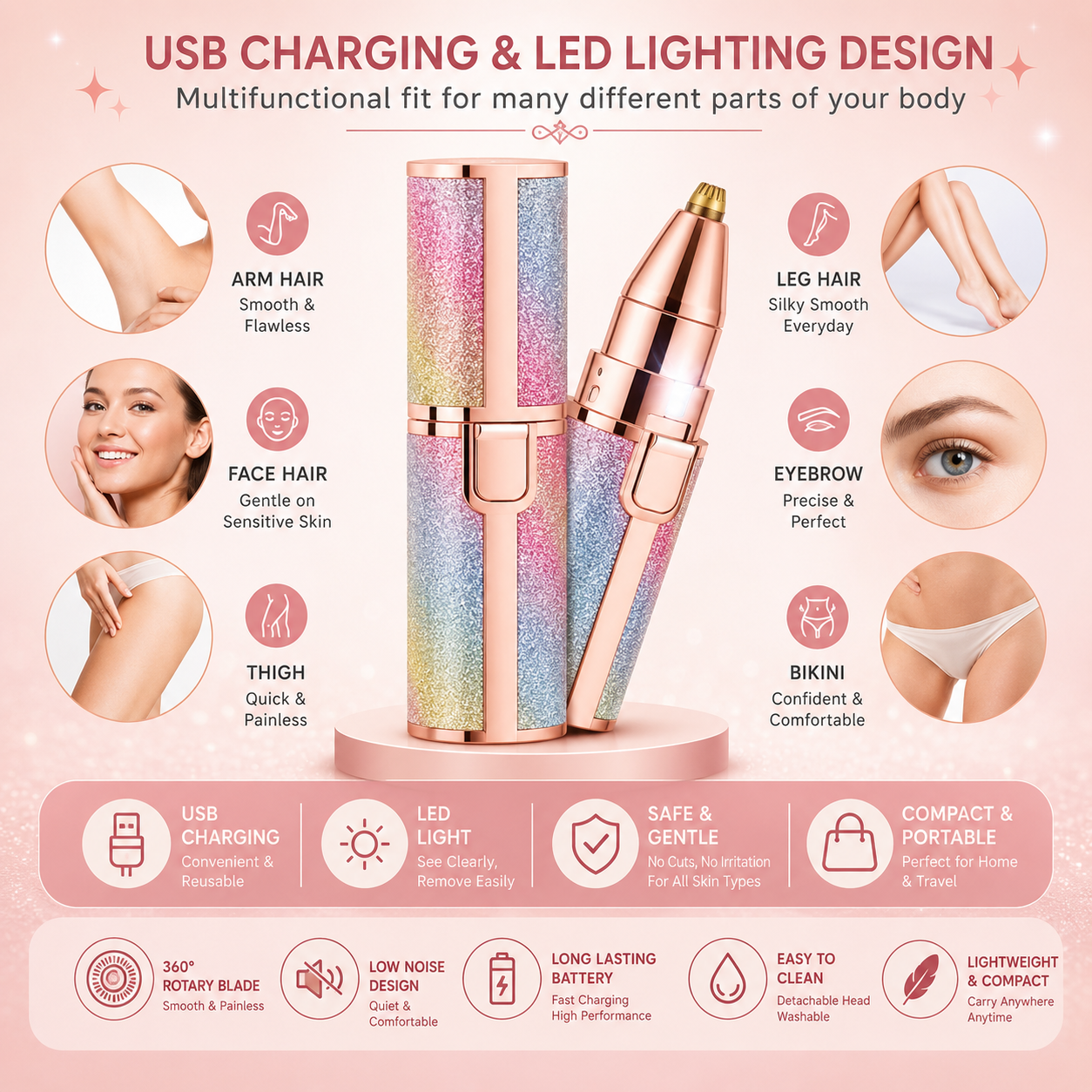 2 In 1 Hair Remover Chargeable , Multi Attractive Color With USB Charging Cable And Cleaning Brush