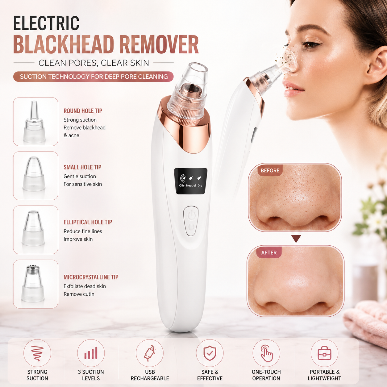5in1 Blackhead Remover Machine Rechargeable | Face Vacuum Derma Suction With 5 Heads | Blackhead Removing Machine