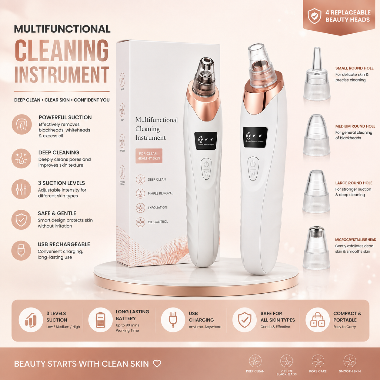 5in1 Blackhead Remover Machine Rechargeable | Face Vacuum Derma Suction With 5 Heads | Blackhead Removing Machine