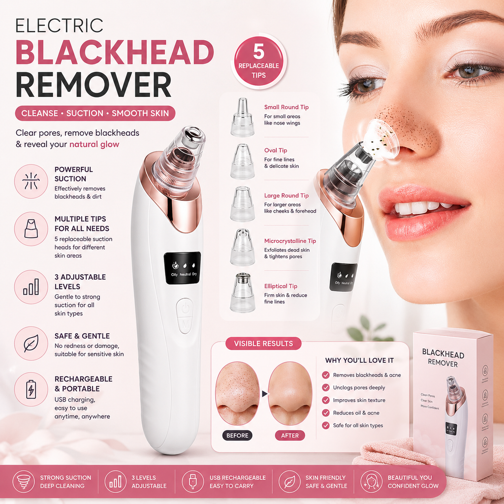 5in1 Blackhead Remover Machine Rechargeable | Face Vacuum Derma Suction With 5 Heads | Blackhead Removing Machine