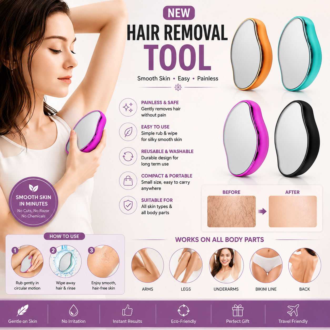 Crystal Hair Eraser - Magic Crystal Hair Remover, Painless Hair Removal With Epilator Mini Hair Remover For Men And Women Leg Arm Back Soft Smooth Silky Skin(Random Color)
