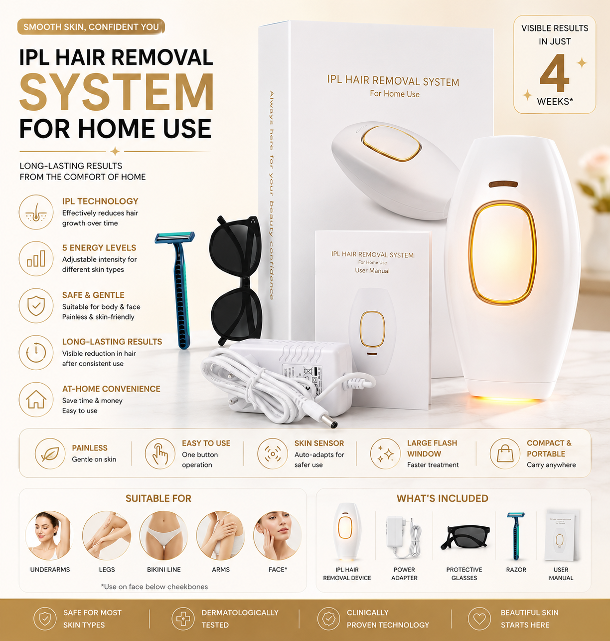 IPL Laser Hair Removal Handset System for Women & Men with Razor & Safety Glasses