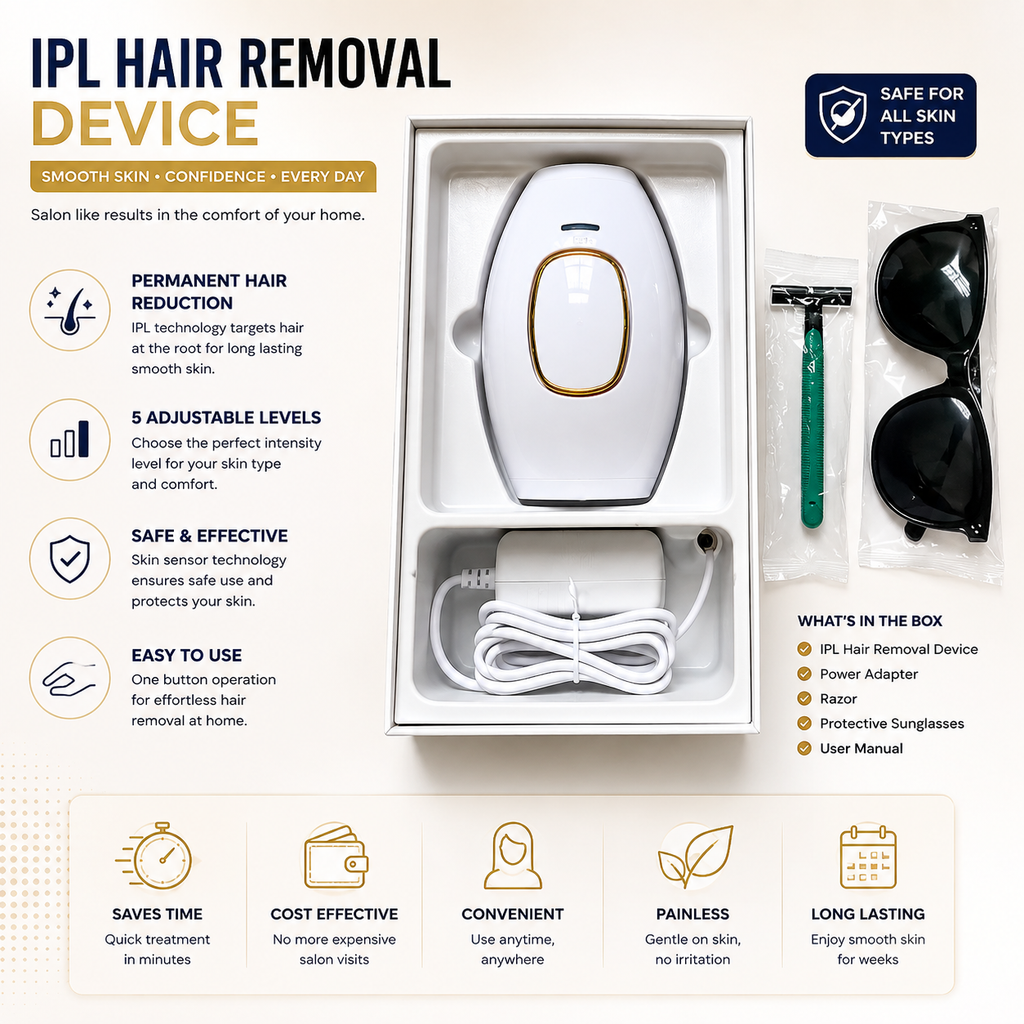 IPL Laser Hair Removal Handset System for Women & Men with Razor & Safety Glasses