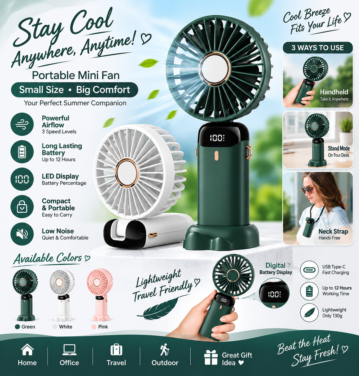 Digital Display Portable Mini Fan – 5-in-1 Multipurpose USB-C Rechargeable Handheld Fan - With Cable (Random Color)