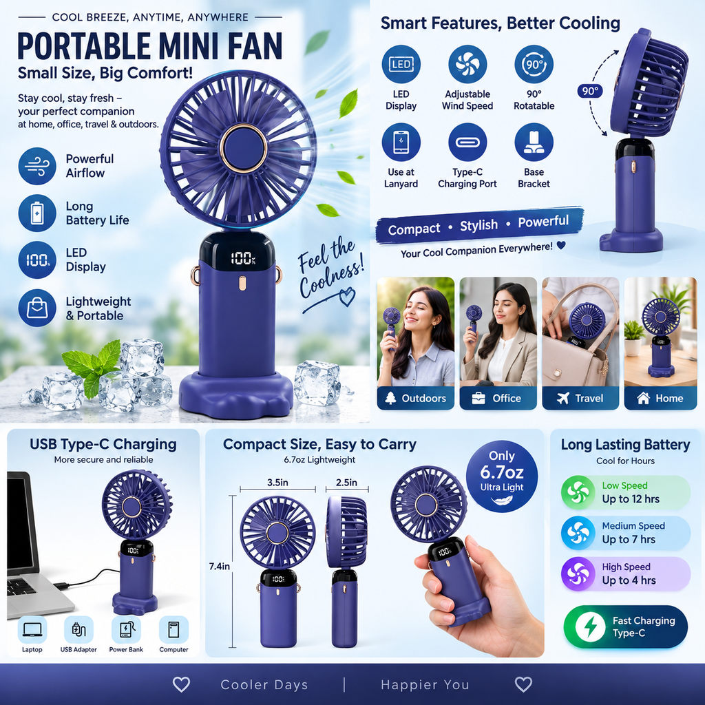 Digital Display Portable Mini Fan – 5-in-1 Multipurpose USB-C Rechargeable Handheld Fan - With Cable (Random Color)