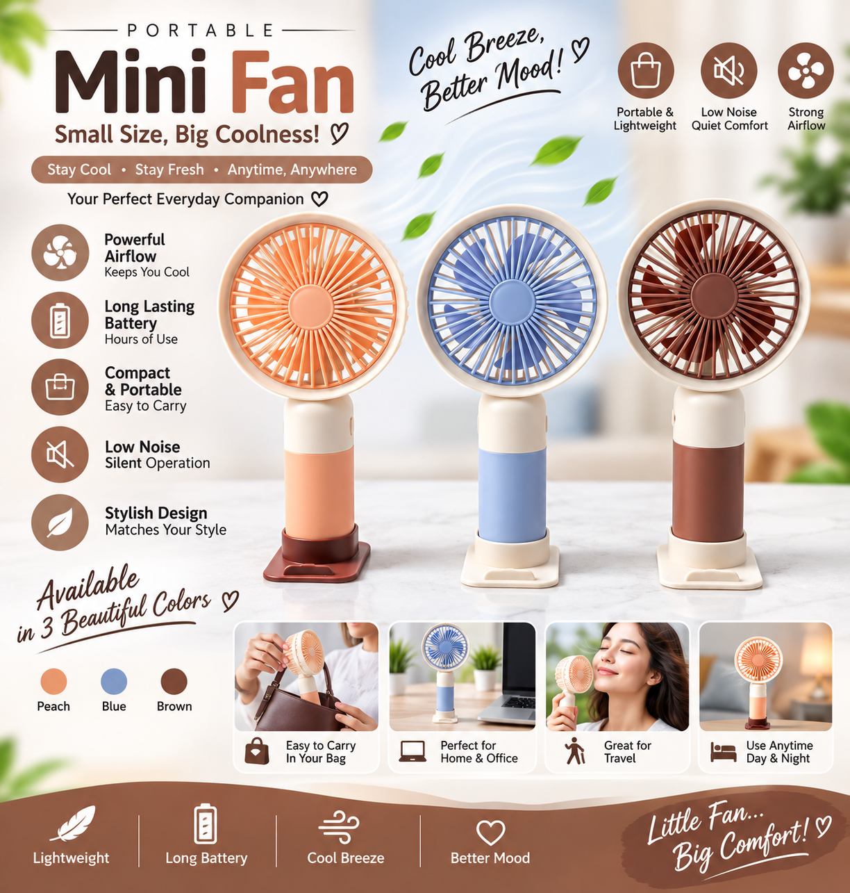 Mini Cute Rechargeable Handheld Fan with Integrated Mobile Stand Base – Premium Single-Speed Portable Desktop Fan