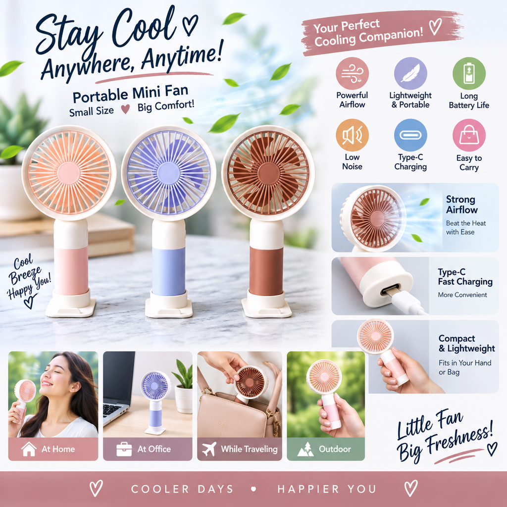 Mini Cute Rechargeable Handheld Fan with Integrated Mobile Stand Base – Premium Single-Speed Portable Desktop Fan