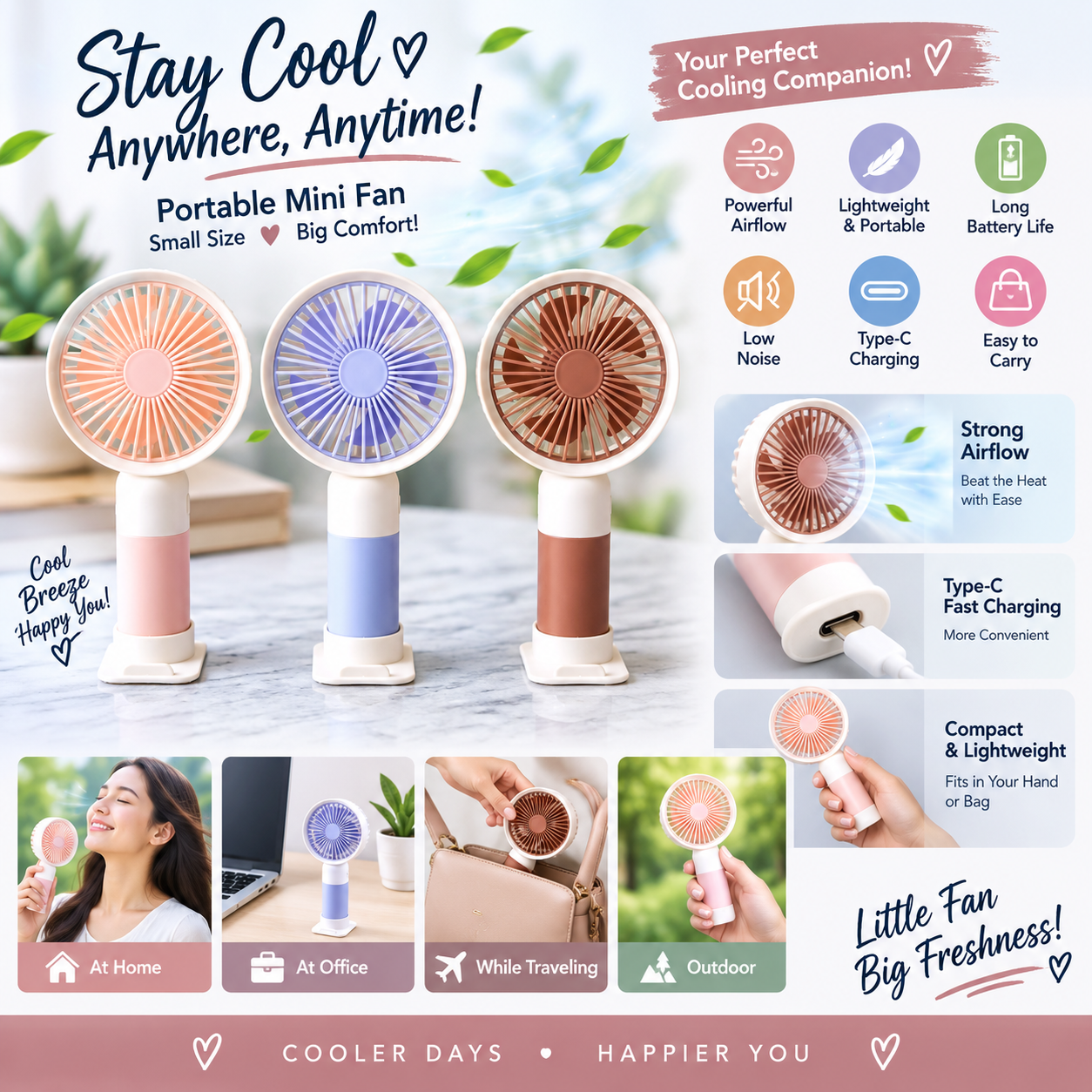 Mini Cute Rechargeable Handheld Fan with Integrated Mobile Stand Base – Premium Single-Speed Portable Desktop Fan