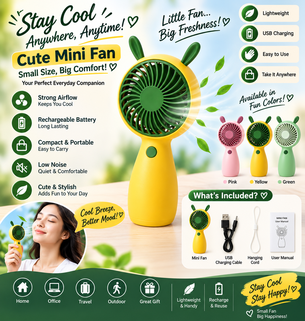 Portable USB Rechargeable Mini Handheld Fan | Lightweight Personal Cooling Fan | Strong Airflow | Portable Summer Cooling Fan (Random color)