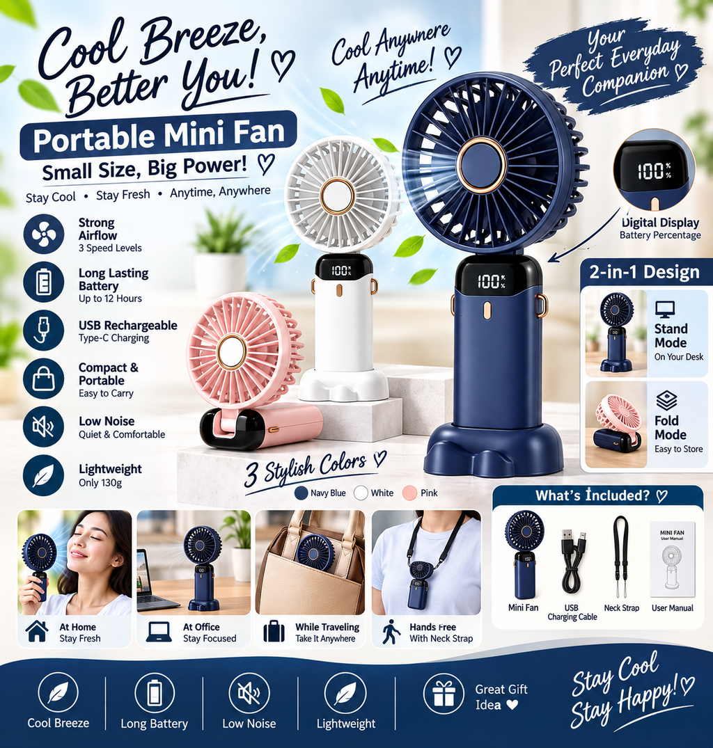 Rechargeable Hand Fan with LED Display | 5 Speed Modes Portable Mini Handy Fan for Kids & School Use