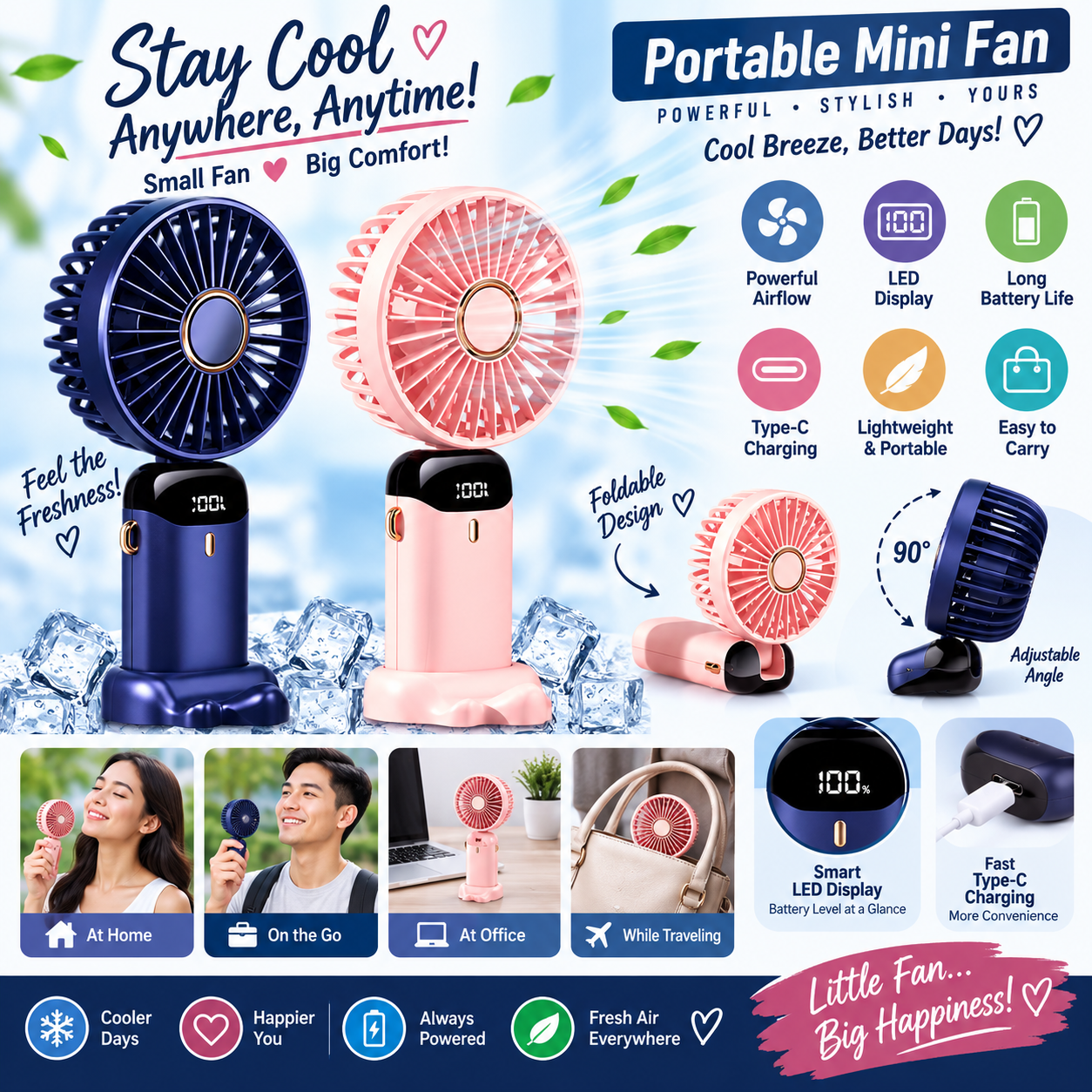 Rechargeable Hand Fan with LED Display | 5 Speed Modes Portable Mini Handy Fan for Kids & School Use