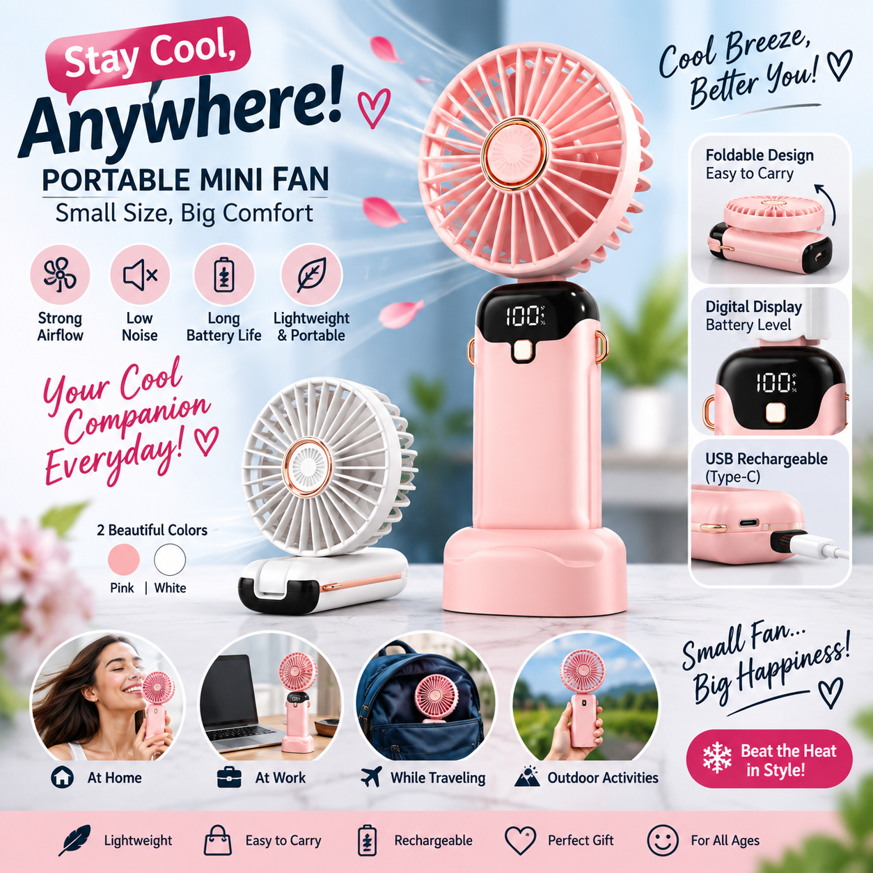 Rechargeable Hand Fan with LED Display | 5 Speed Modes Portable Mini Handy Fan for Kids & School Use