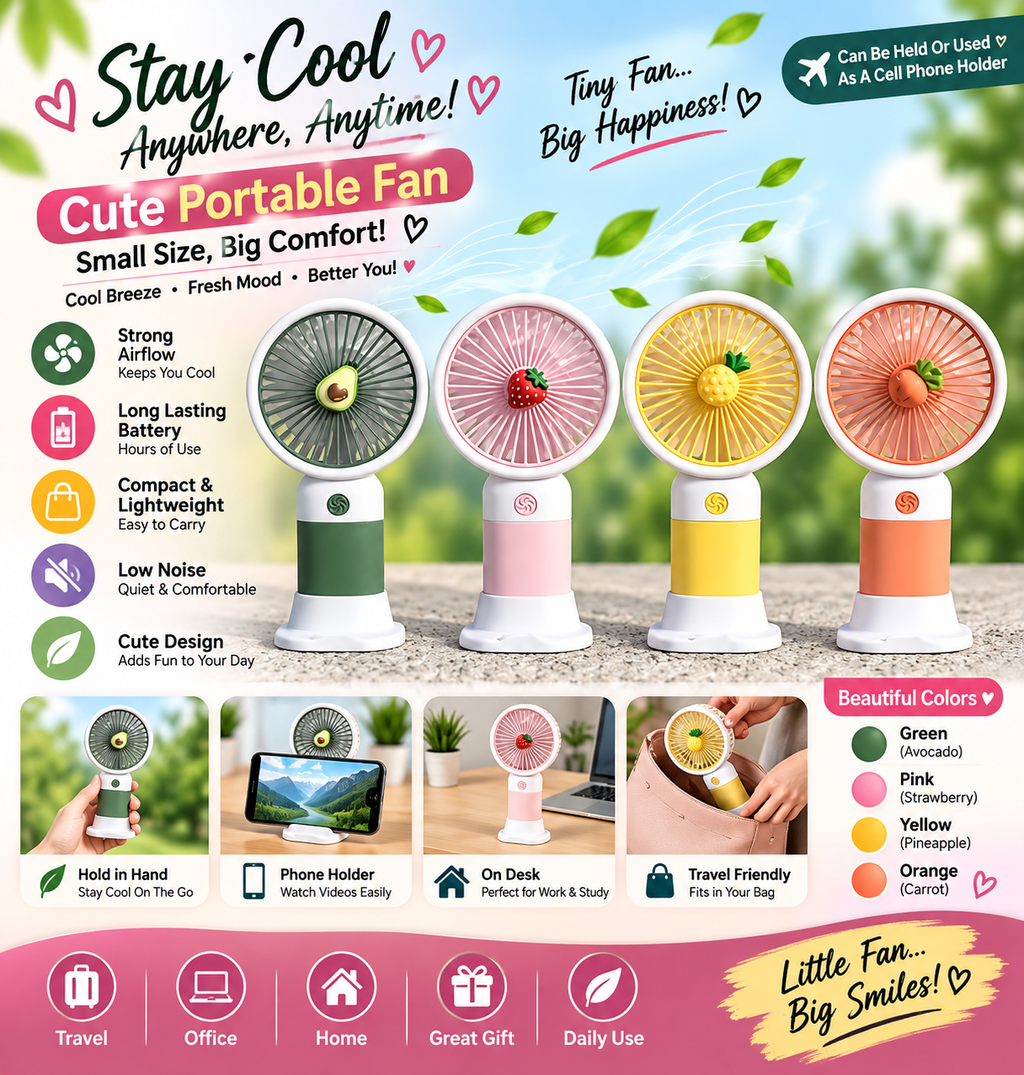 Rechargeable Mini Handy Fan Portable USB Cooling Fan Cute Design Handheld Fan for Kids and Travel - With Cable (Random Color)