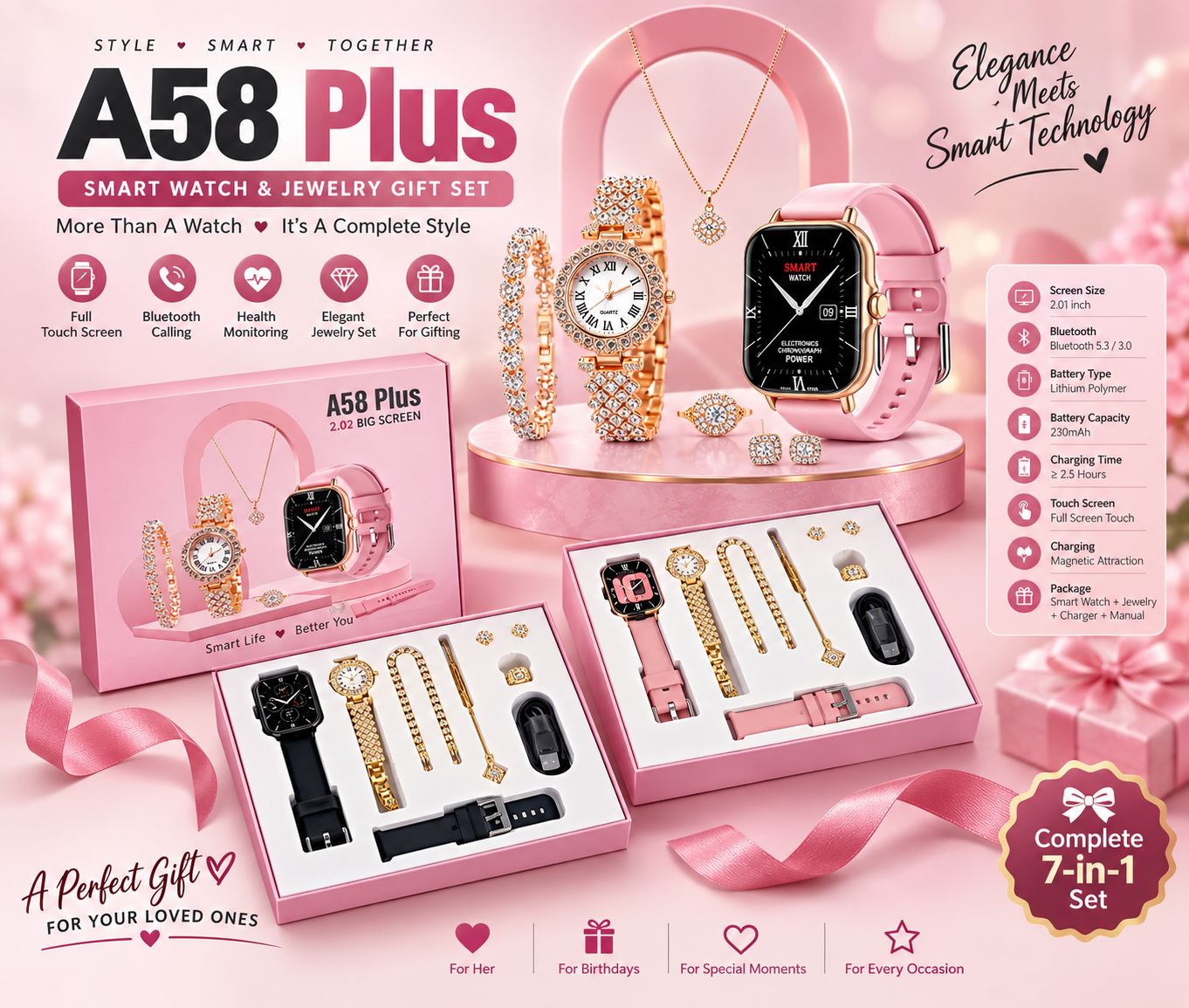 A58 Plus 6 in 1 - Smartwatch For Women | Best Quality Smart Watch For Girls | Perfect For Gift - Rose  Color