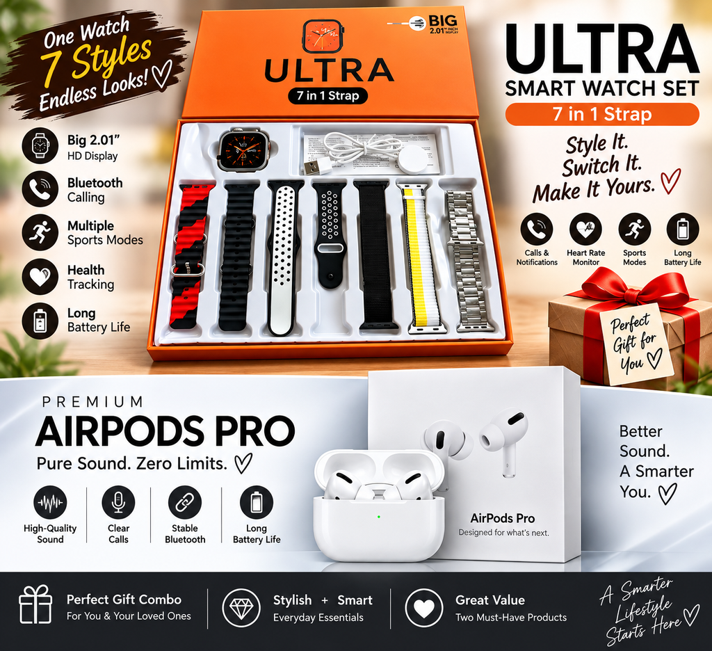 AirPods Pro 2 + Ultra 7-in-1 Smartwatch Combo | Premium Sound & Style Deal