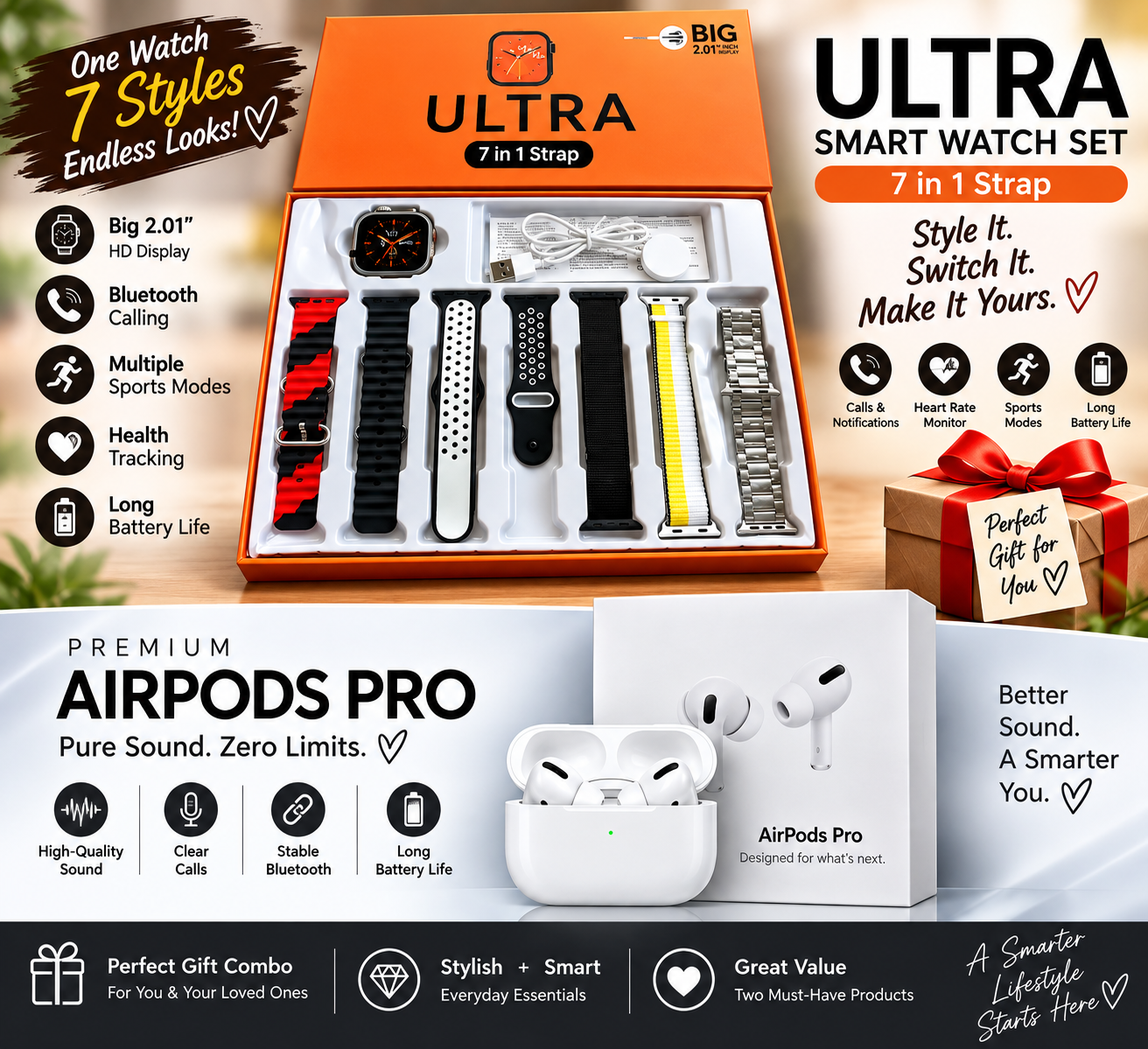 AirPods Pro 2 + Ultra 7-in-1 Smartwatch Combo | Premium Sound & Style Deal