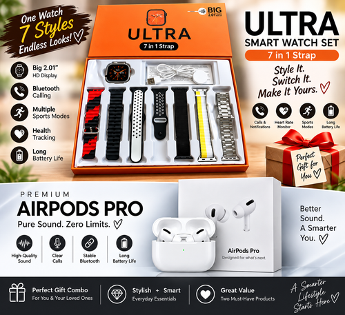 AirPods Pro 2 + Ultra 7-in-1 Smartwatch Combo | Premium Sound & Style Deal