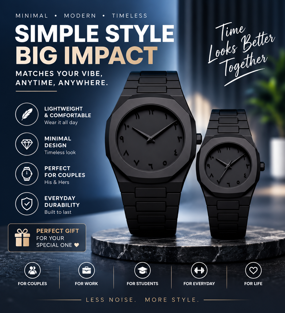 Black Aura Couple Watch – Elegant Matching Timepieces, Stylish Fashion Accessories for Men and Women-without box