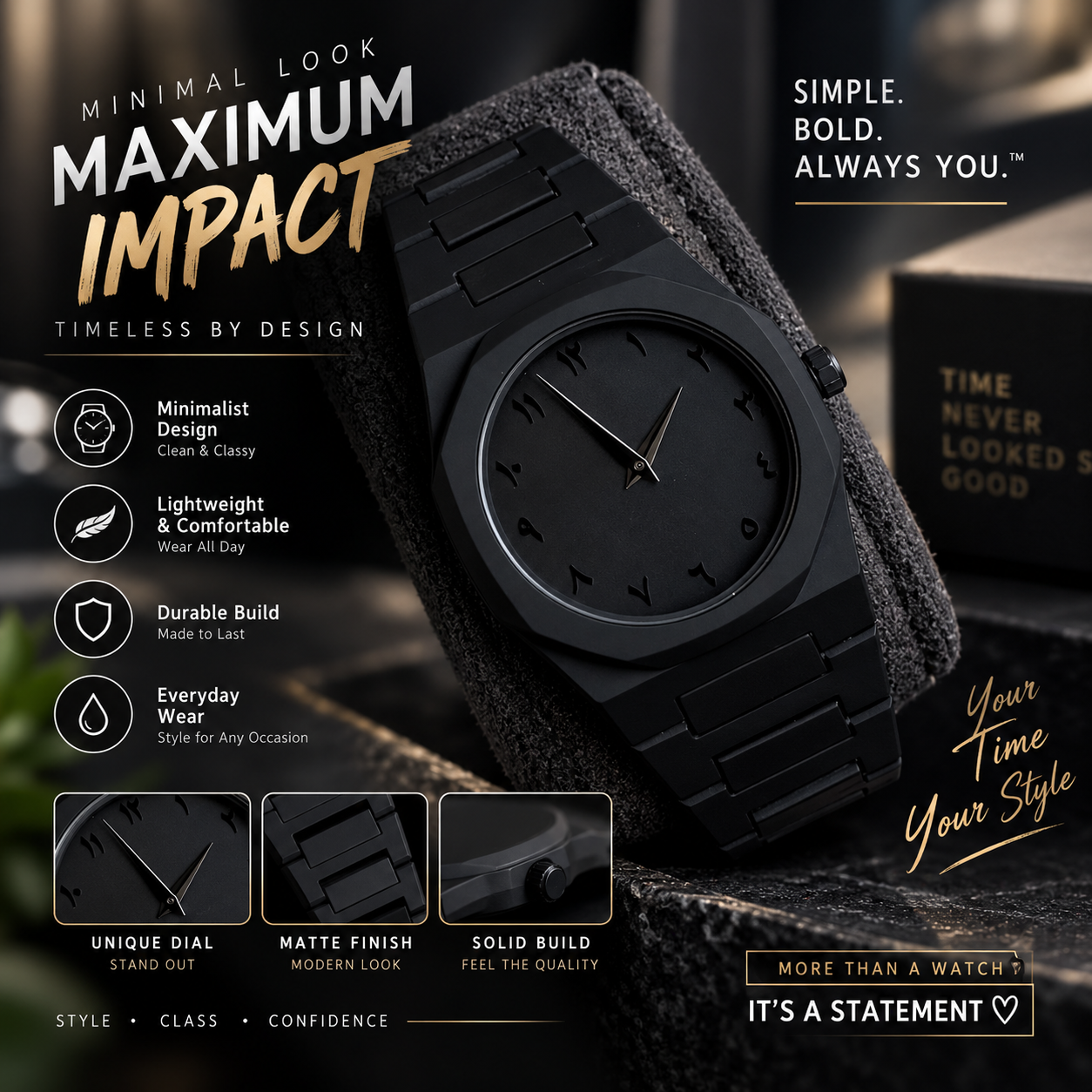 Black Aura Couple Watch – Elegant Matching Timepieces, Stylish Fashion Accessories for Men and Women-without box