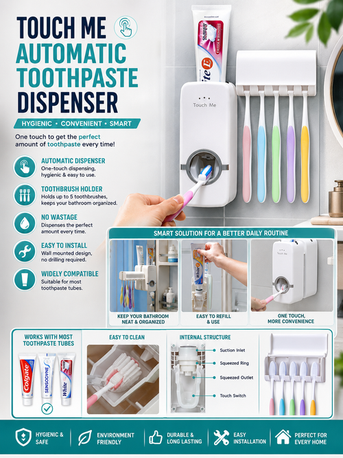 Automatic Toothpaste Dispenser With Toothbrush Holder Wall Mounted Durable Hygienic And Convenient Bathroom Accessory