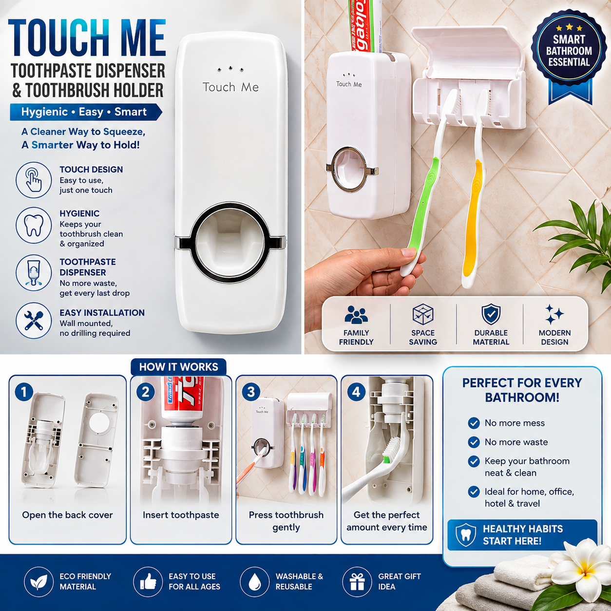 Automatic Toothpaste Dispenser With Toothbrush Holder Wall Mounted Durable Hygienic And Convenient Bathroom Accessory