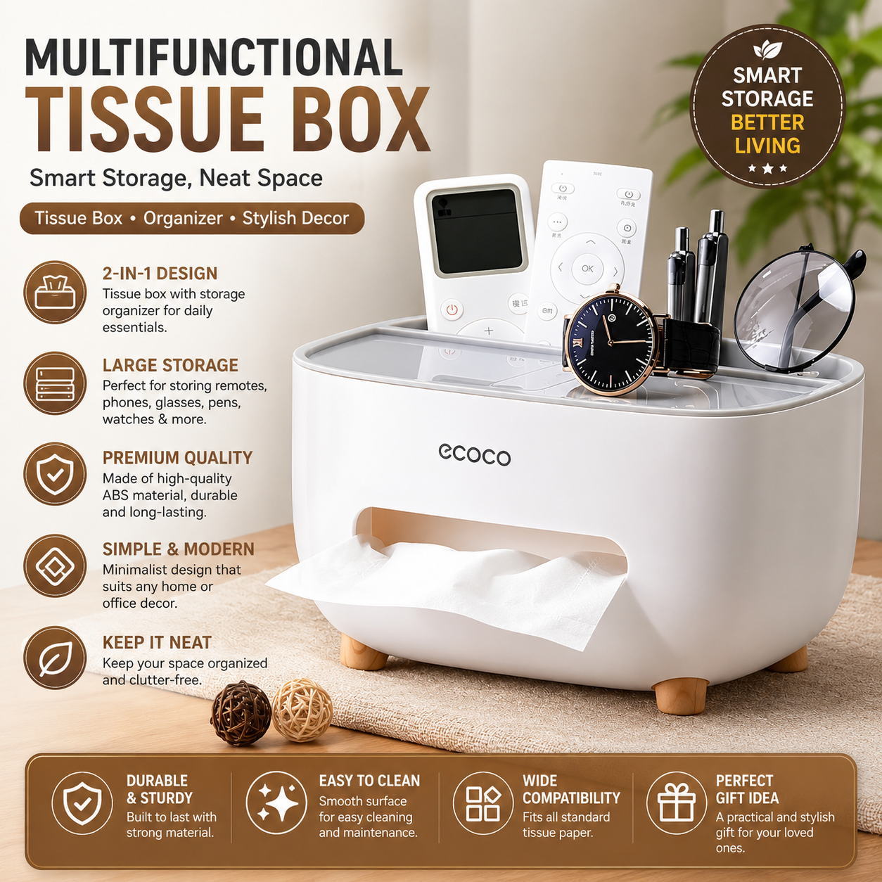 Ecoco Tissue Box With Multifunctional Storage Drawer Creative Desk Organizer For Kitchen Living Room And Office