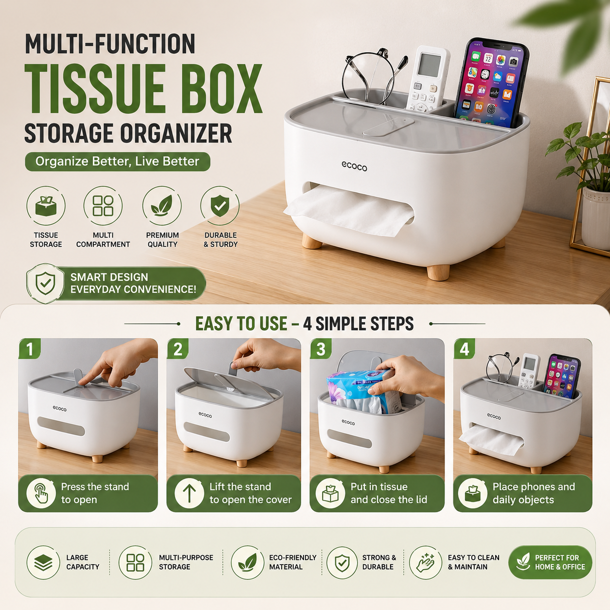 Ecoco Tissue Box With Multifunctional Storage Drawer Creative Desk Organizer For Kitchen Living Room And Office