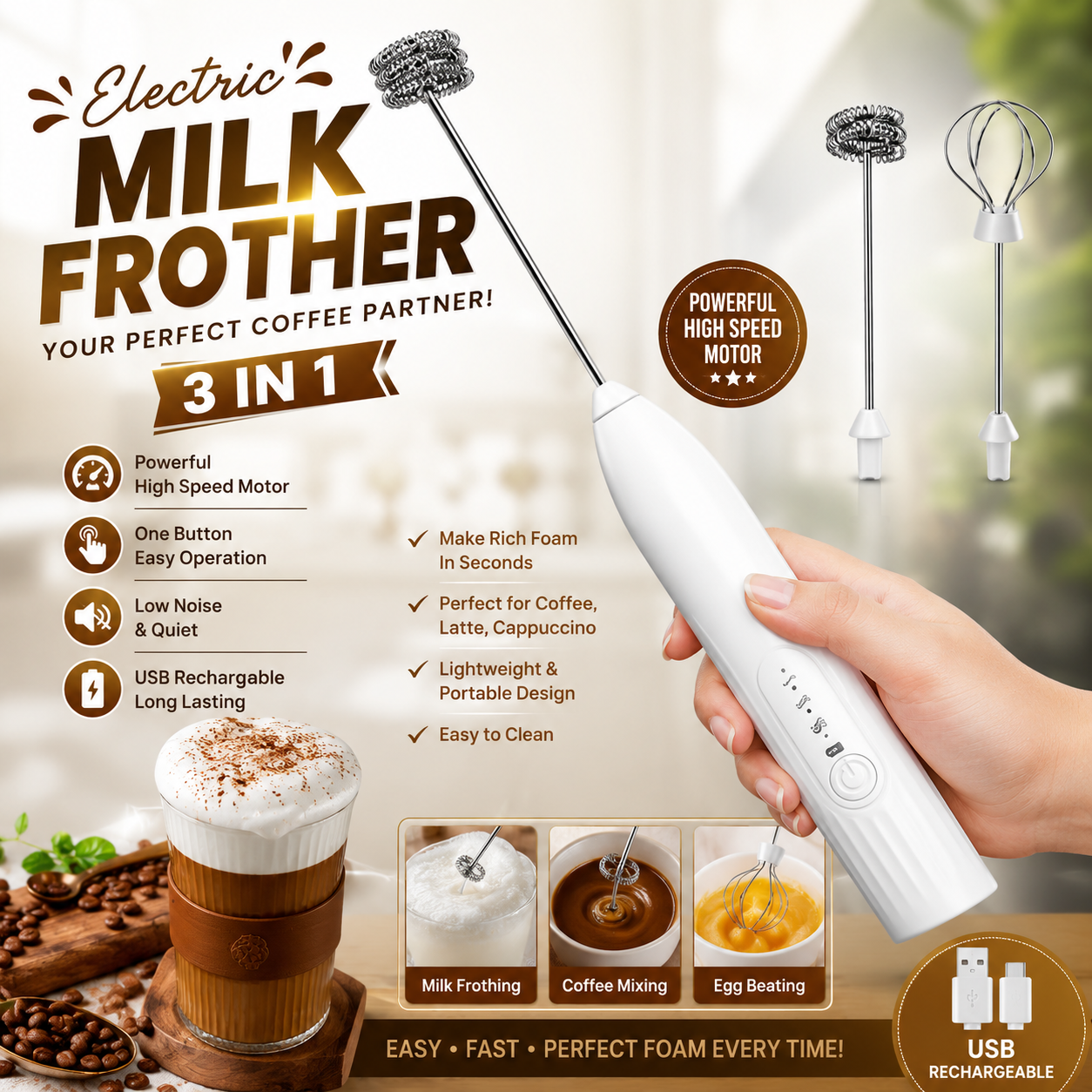 Electric Coffee Beater | Handheld Milk Frother & Mini Blender | Powerful Foam Maker for Coffee, Cappuccino & Beverages