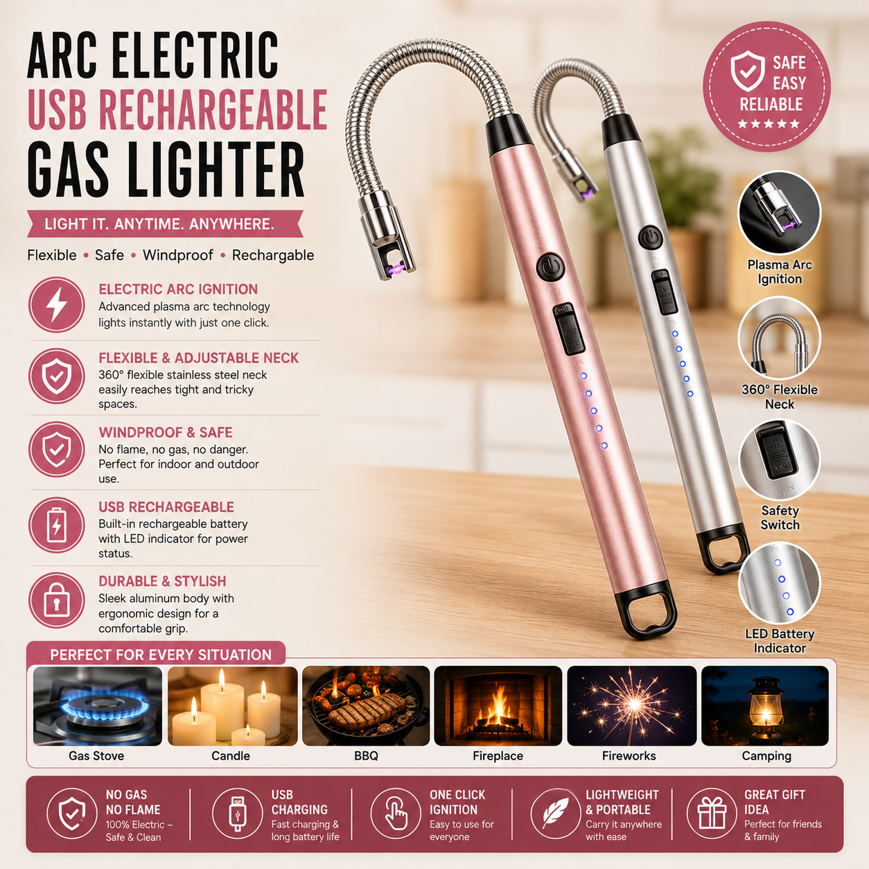 Plasma Electric Lighter – USB Rechargeable Flameless Windproof Arc Lighter