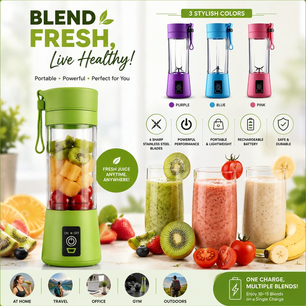 Portable Mini 6 blade Juicer blender | Outdoor Juicing Cup (380ml) - Rechargeable (random Color)