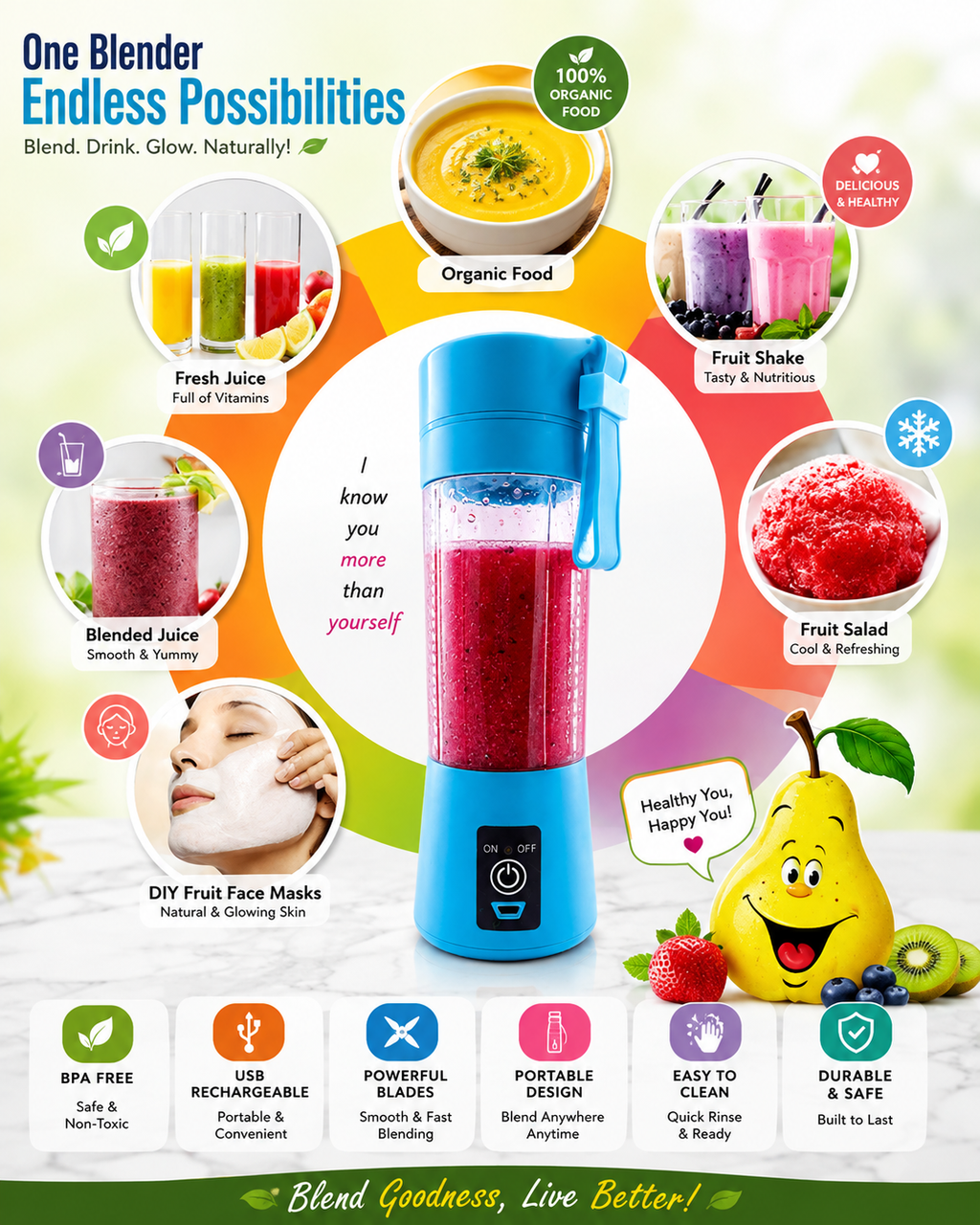 Portable Mini 6 blade Juicer blender | Outdoor Juicing Cup (380ml) - Rechargeable (random Color)