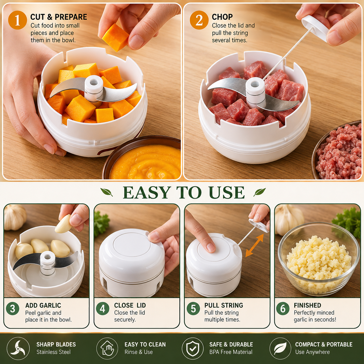 Mini Food Chopper – Hand-Powered Meat Grinder, Mincer, Mixer & Blender for Fruits, Vegetables, Nuts, and Meat | Powerful & Portable Kitchen Tool