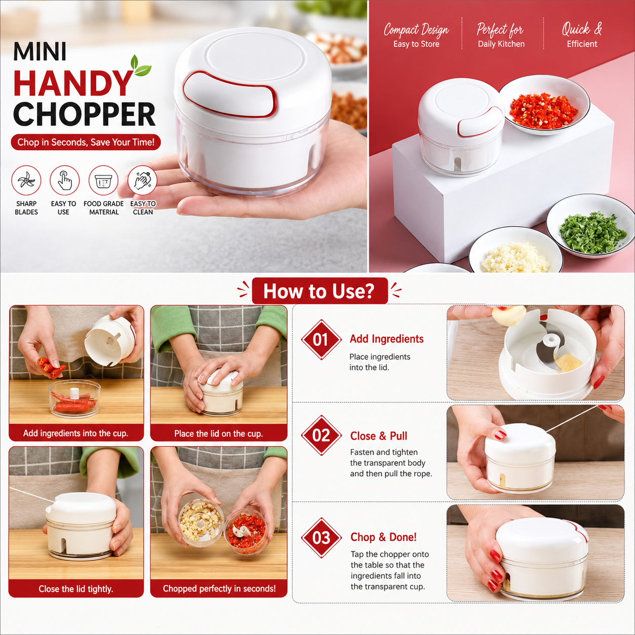Mini Food Chopper – Hand-Powered Meat Grinder, Mincer, Mixer & Blender for Fruits, Vegetables, Nuts, and Meat | Powerful & Portable Kitchen Tool
