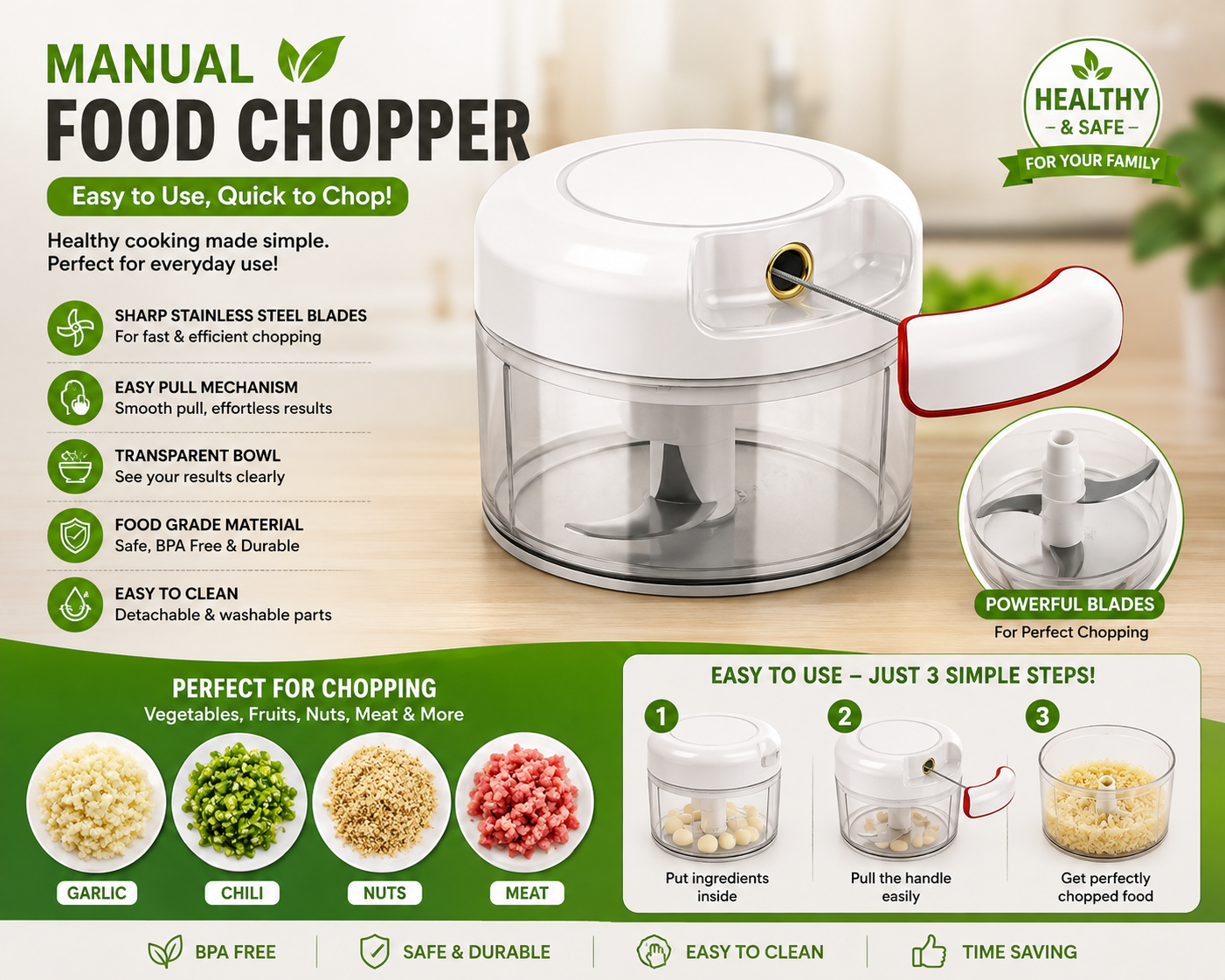 Mini Food Chopper – Hand-Powered Meat Grinder, Mincer, Mixer & Blender for Fruits, Vegetables, Nuts, and Meat | Powerful & Portable Kitchen Tool