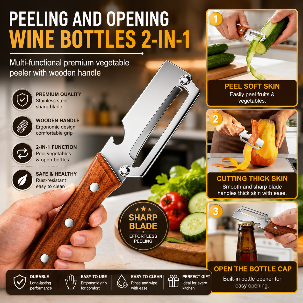 Multi-Functional Knife Peelers For Kitchen, Multi Functional Vegetable Peeler, 3 In 1 Multi Functional Wooden Handle Peeler And Bottle Opener