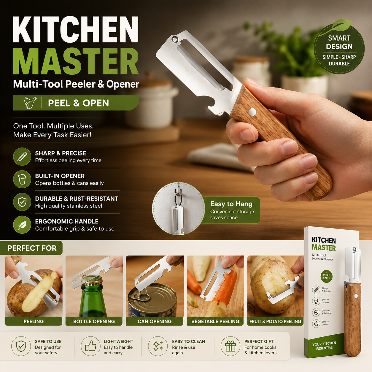 Multi-Functional Knife Peelers For Kitchen, Multi Functional Vegetable Peeler, 3 In 1 Multi Functional Wooden Handle Peeler And Bottle Opener