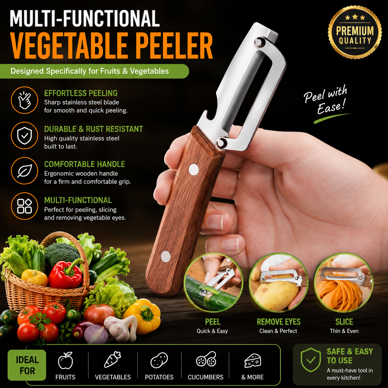 Multi-Functional Knife Peelers For Kitchen, Multi Functional Vegetable Peeler, 3 In 1 Multi Functional Wooden Handle Peeler And Bottle Opener