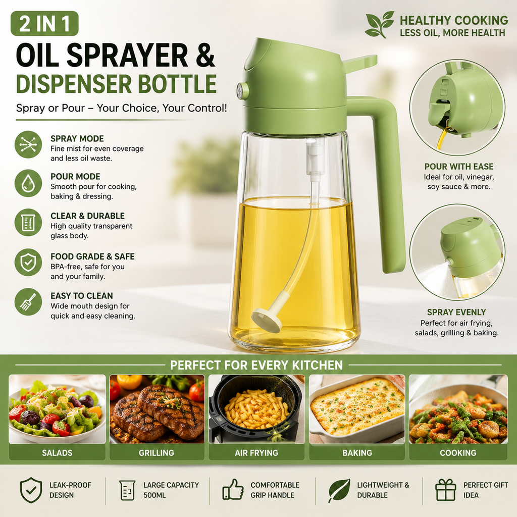 2-in-1 Oil Sprayer Bottle for Kitchen – Spray & Pour Dispenser for Cooking, Baking and BBQ