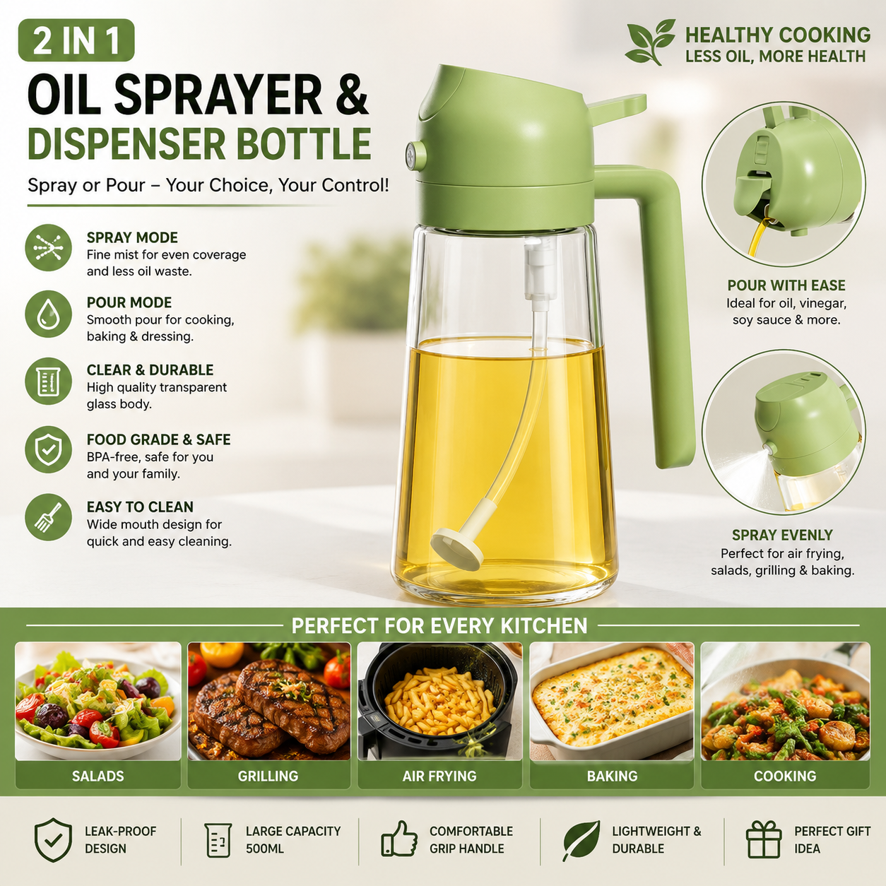 2-in-1 Oil Sprayer Bottle for Kitchen – Spray & Pour Dispenser for Cooking, Baking and BBQ