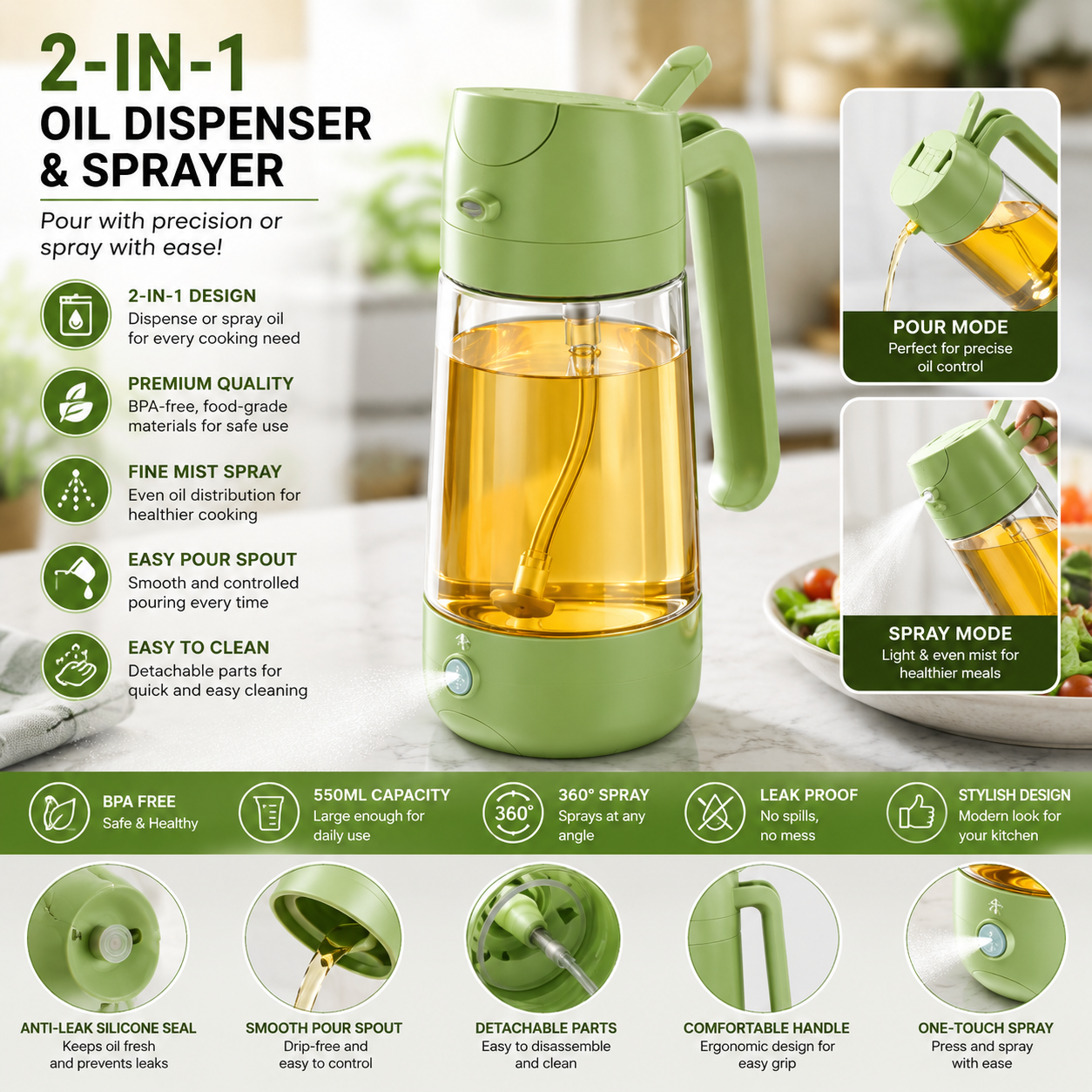 2-in-1 Oil Sprayer Bottle for Kitchen – Spray & Pour Dispenser for Cooking, Baking and BBQ