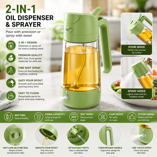 2-in-1 Oil Sprayer Bottle for Kitchen – Spray & Pour Dispenser for Cooking, Baking and BBQ