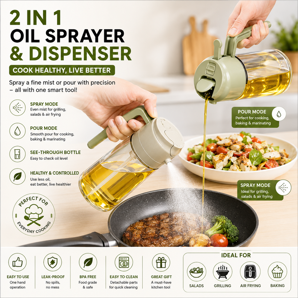 2-in-1 Oil Sprayer Bottle for Kitchen – Spray & Pour Dispenser for Cooking, Baking and BBQ